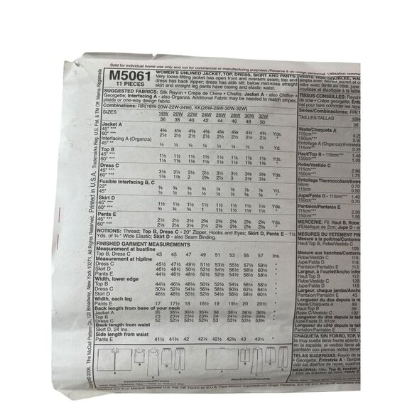 McCalls M5061 Womens Pattern KK 26W-32W Jacket Dress Skirt & Pants - Picture 2 of 2